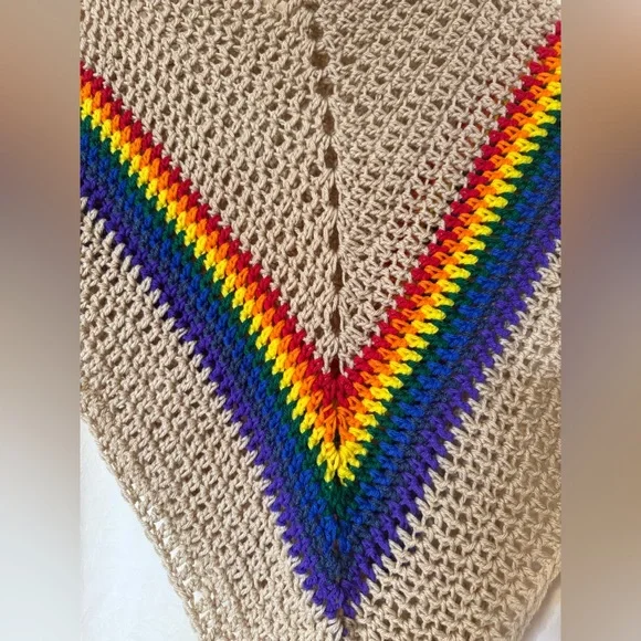 Crochet Poncho, Women’s sz Medium Tan & Rainbow Colors, Handmade Crochet Poncho - Picture 5 of 6